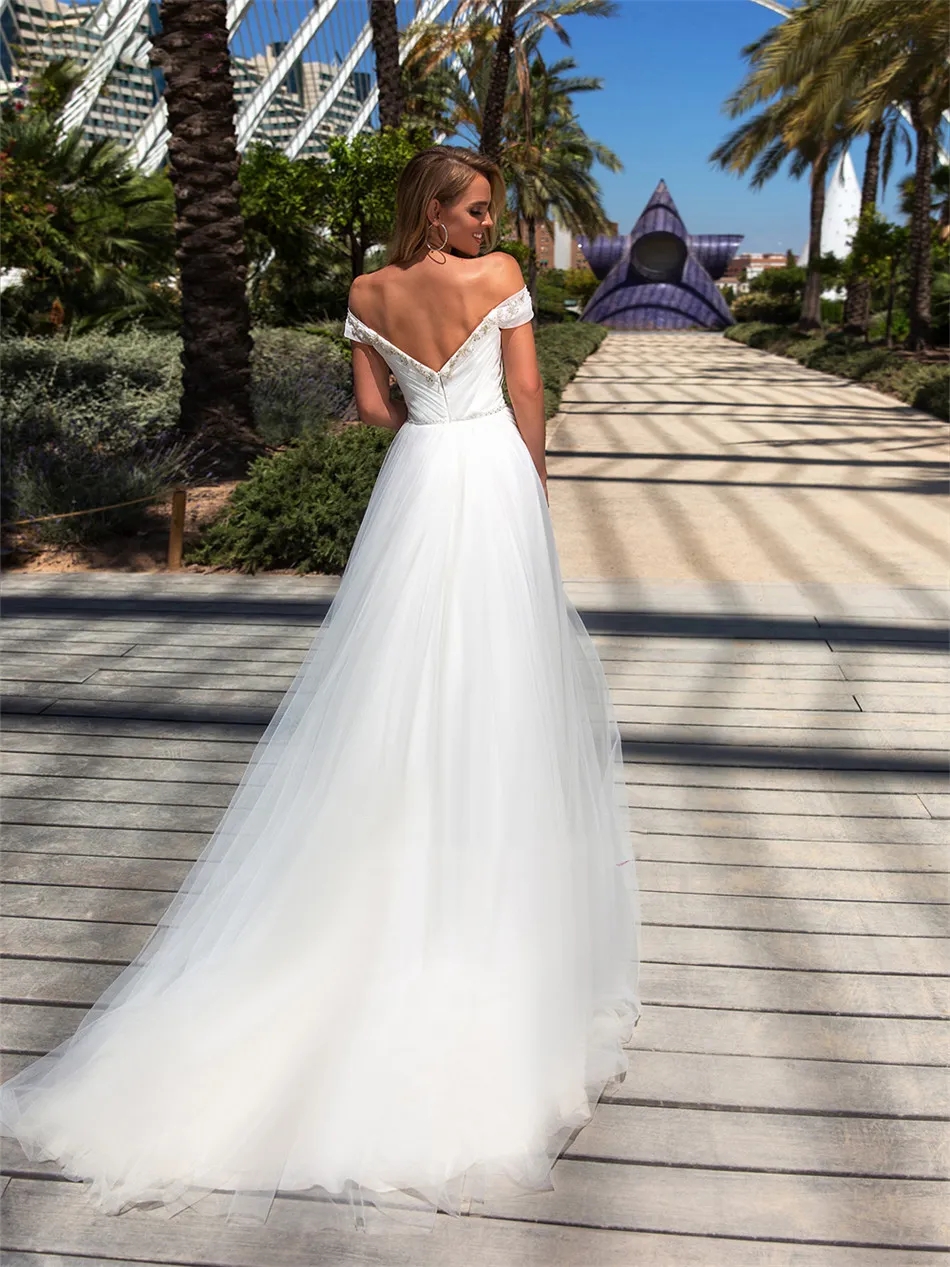 Dresses Off Shoulder A Line Wedding Dresses Beaded Crystal 2024 Formal Long Tulle Spring Bridal Gowns Simple Bling Bling Plus Size Vestido