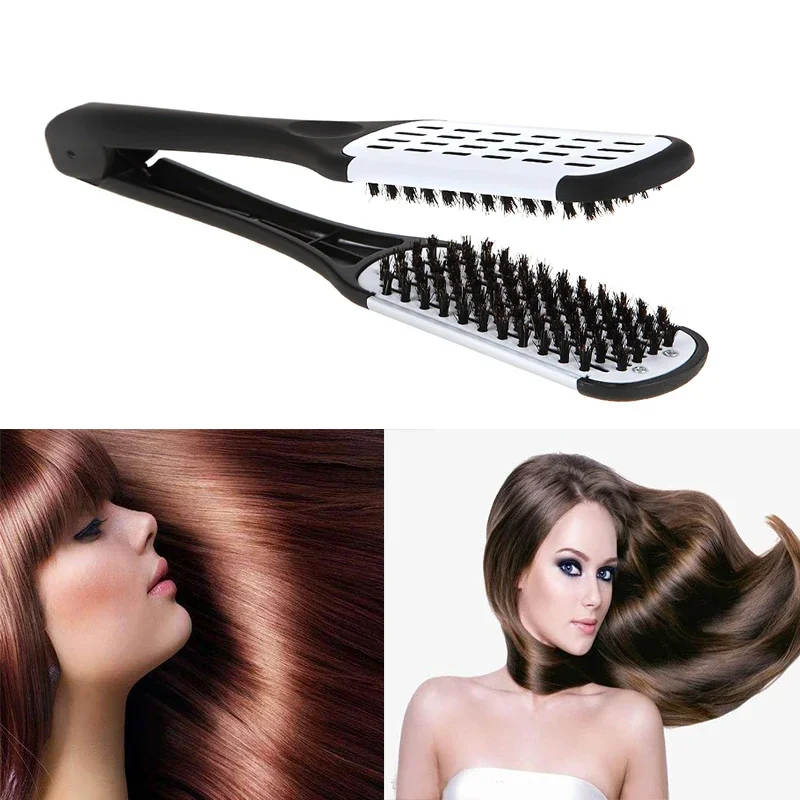 Hairdressing Clamp Comb Double Sided V Brush Natural Ceramic Plywood Straightening Comb Women Styling Tools Hair Straightener