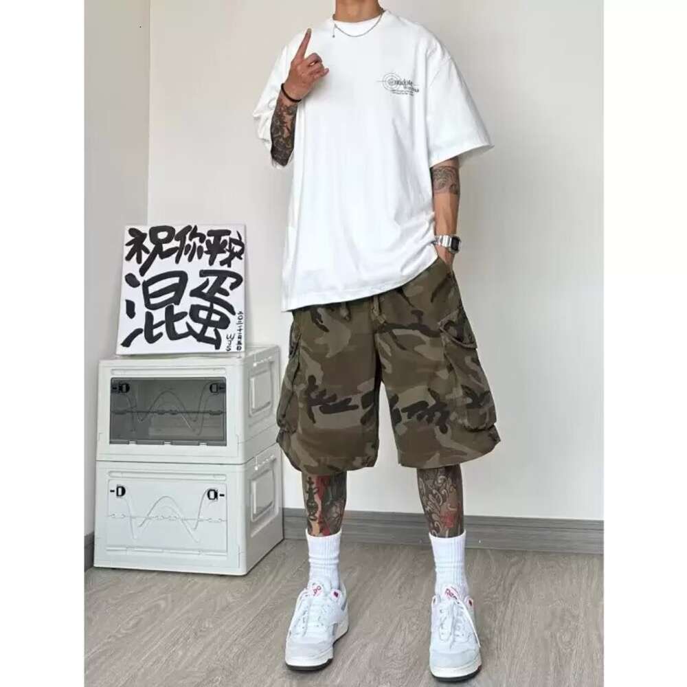 Trendy Shangton men's summer drawstring all cotton capris fashionable work clothes with multiple pockets, washed camouflage short M522 31 ddmymar