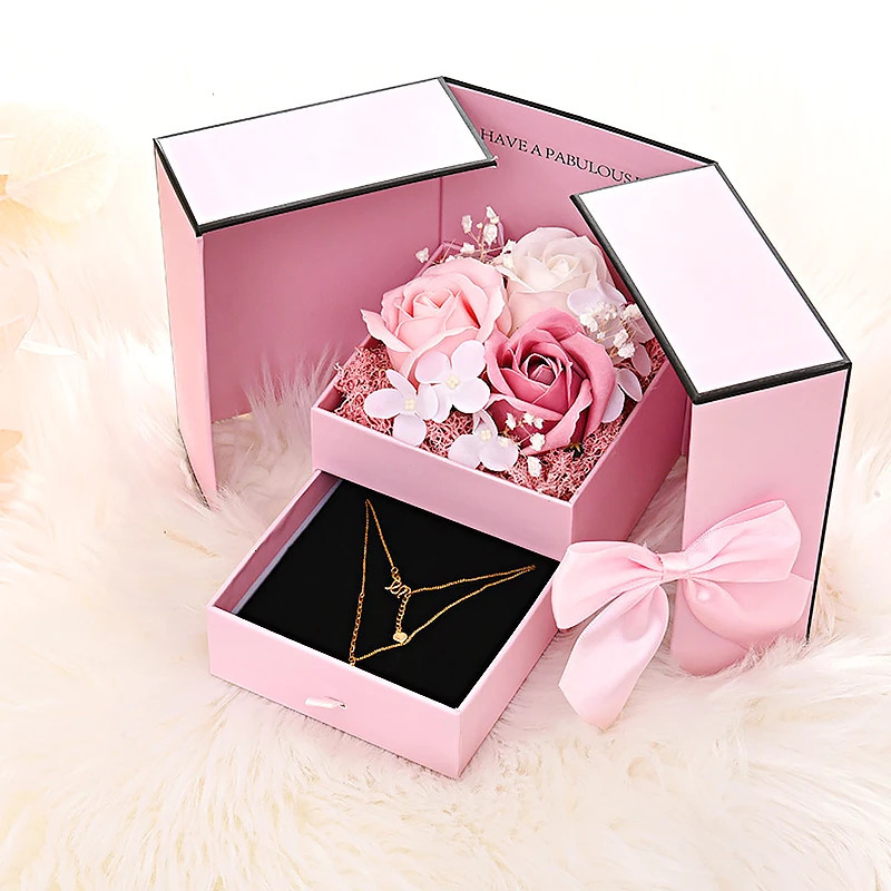 Rose Gift Box Flower Jewelry Box for Valentines Day Wedding Anniversary Gift Packaging Box Romantic Double-door Cardboard Case 240522