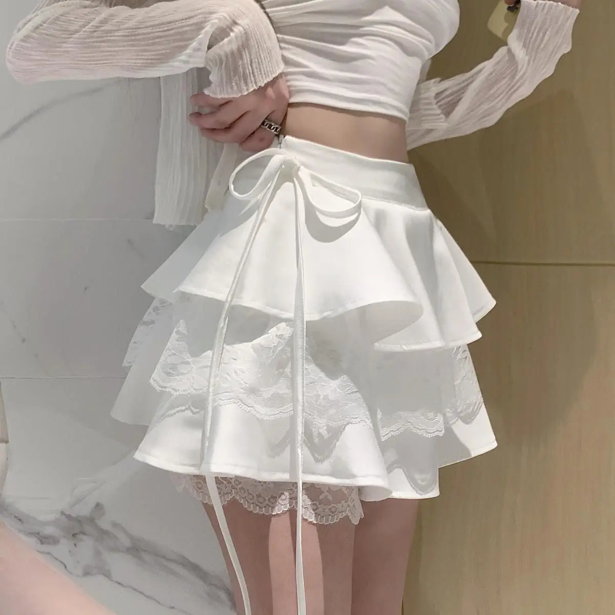 White Ruffle Lace Mini Skirt | 2024 Korean Summer Fashion B4