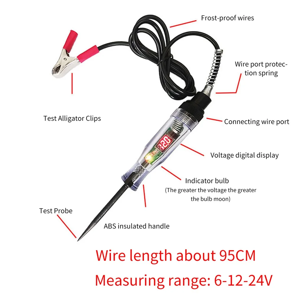 Voltage Electric Circuit Tester DC 6V 12V 24V Digital Display Long Probe Pen Light Bulb Automobile Diagnostic Tools Auto Repair