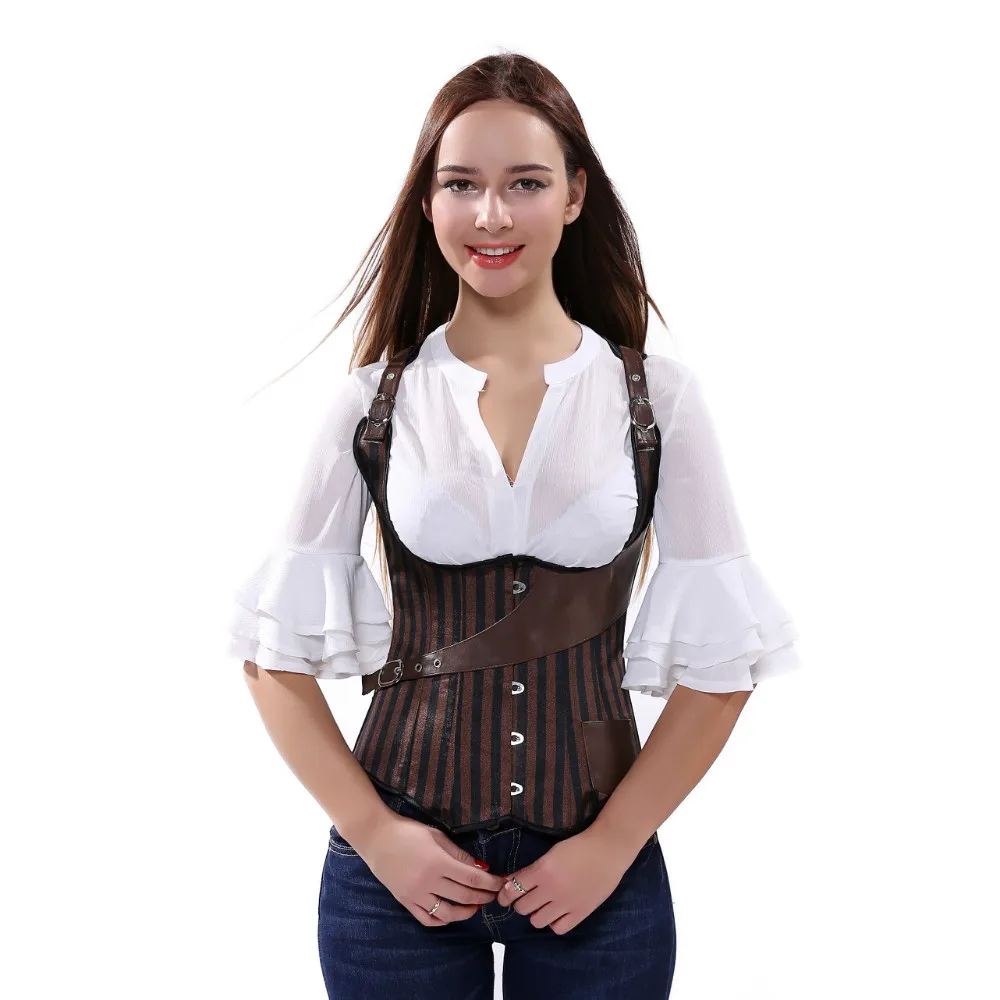 Leather Underbust Corset Striped Corsets Cowboy Waistcoat Cosplay Gothic Punk Bustier Pirate Burlesque Vintage Korsett Costume