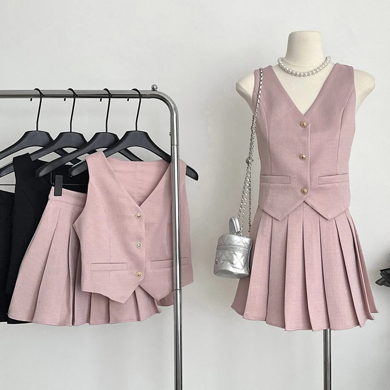 Small Fragrant Summer Elegant 2 Piece Sets Vintage V Neck Sleeveless Vest Womens Office Lady High Waist Pleated Aline Skirts 240522