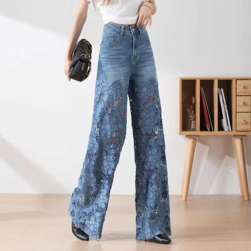 Fashion Elegant Jeans for Women High Waist Lace Patchwork Pantalones Hollow Out Oversized Spring Casual Loose All Match Pants 240514