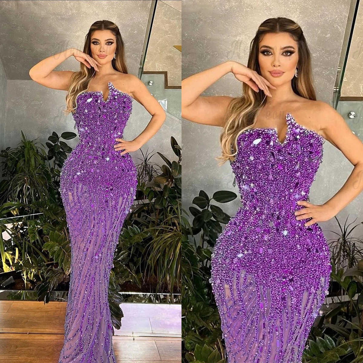 Sexy Prom Dresses Mermaid Appliques Beads Sequins Strapless Sleeveless Tulle Floor Length Zipper Custom Made Plus Size Party Evening Dress Vestido De 