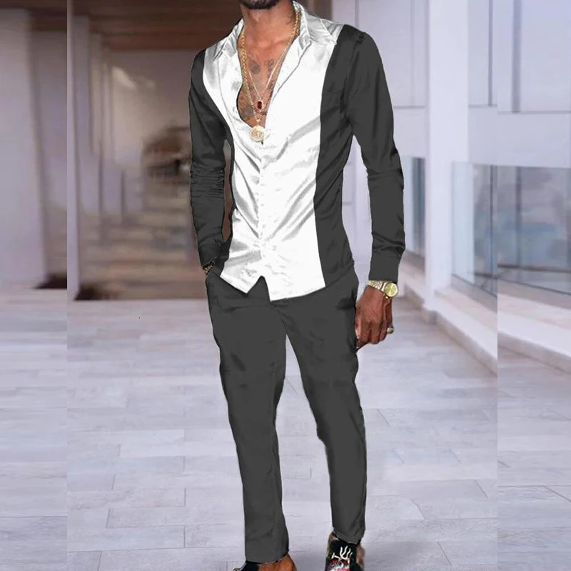 Mens Two Piece Casual Outfits Streetwear Fashion Gradient Color Loose Sets Long Sleeve Lapel Buttoned Shirts And Pants Suits Men 240518