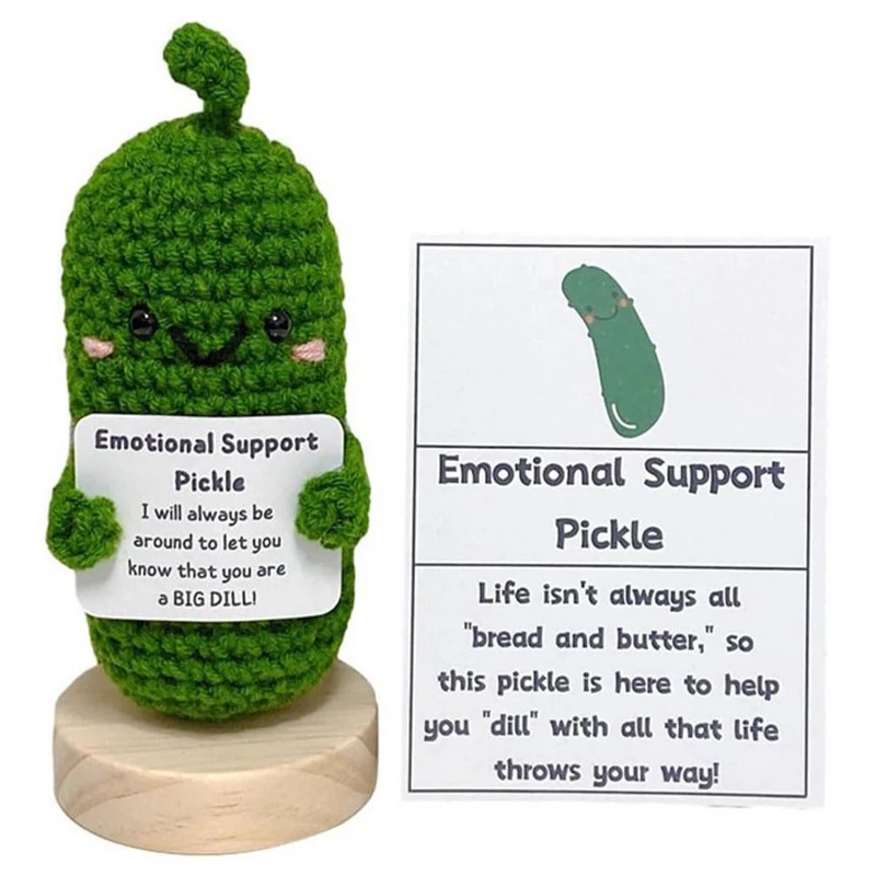 Handmade Emotional Support Pickled Cucumber Gift, Cute Handwoven Ornaments, Handmade Crochet Emotional Support Pickles With Wood