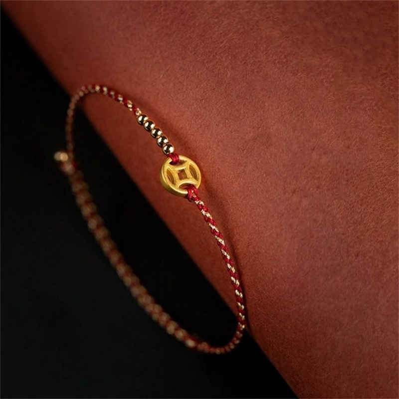 Handmade Woven Red Rope Wealth Lucky Bangle Gold Color Copper Adult Women Men Couple Adjustable Bracelets Drop Shipping