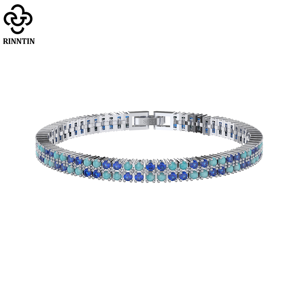 Rinntin 2 Rows Tennis Bracelet 925 Sterling Silver Women's Luxury Blue CZ&Turquoise Chain Bracelet Wedding Jewelry SB159