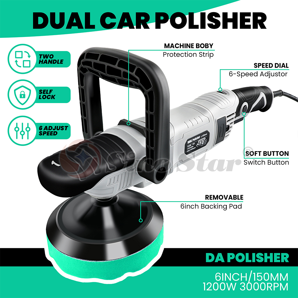 Car Buffer Polisher Machine For Detailing 6 Variable Speeds 1200W 3000RPM RO Polisher with D-Handle&Side Handle 6 Inch Plate