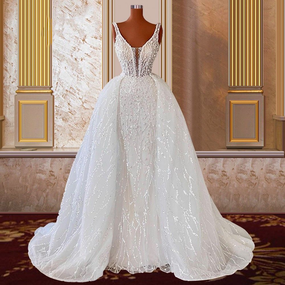 Sexy Romantic A Line Wedding Dresses Overskirts Spaghetti Straps Sleeveless Sequined Lace Crystal Beads Illusion Tulle Bridal Gowns Wedding Dress