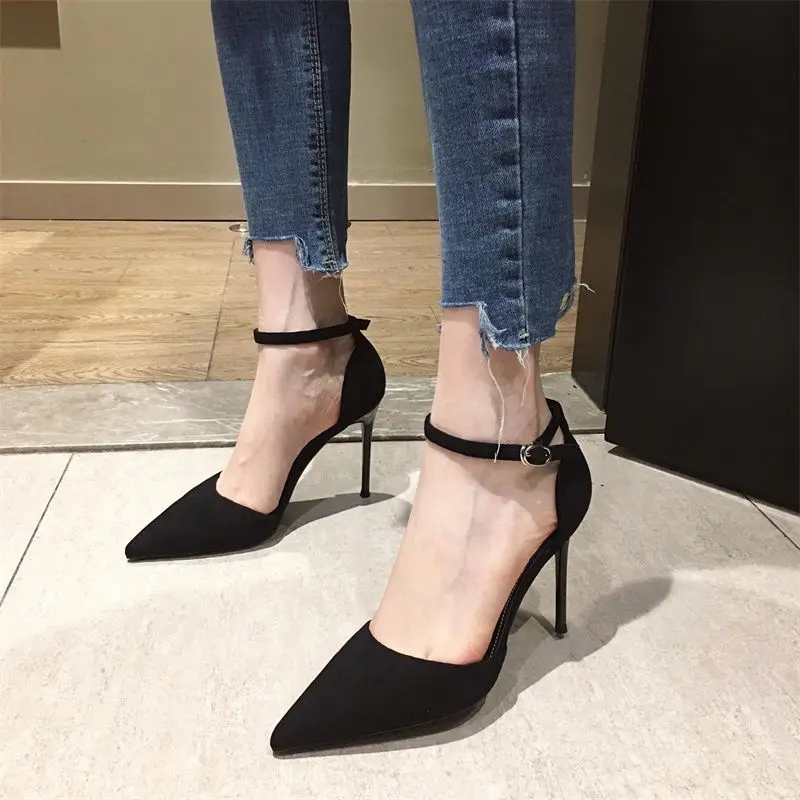and Spring Autumn High New Versatile Thin Heel Professional L Pointed Black Buckle Strap Single Shoe Women e5bc
