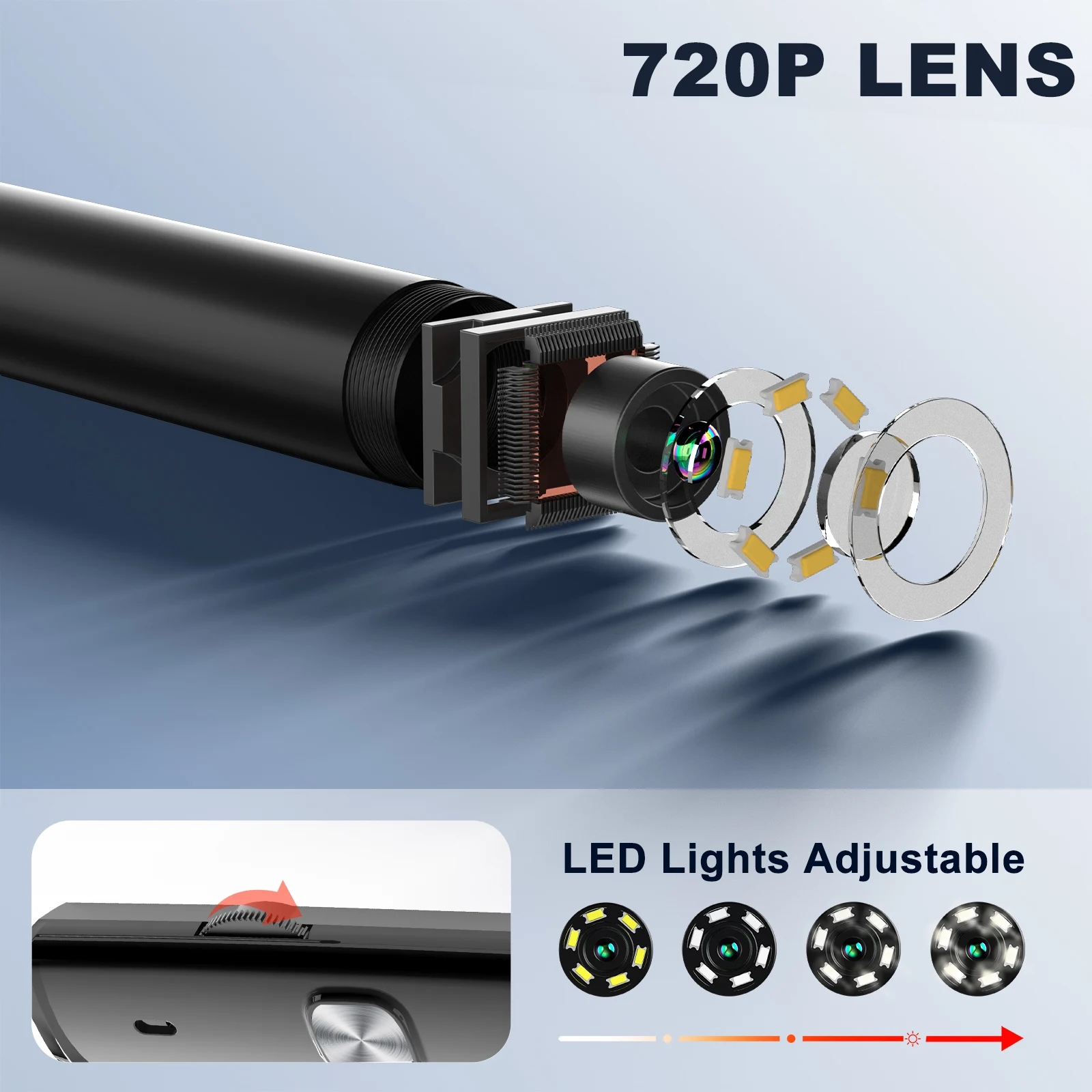 720P 8mm Industrial Endoscope Camera 3IN1 for Android/Type-C/PC USB IP67 Waterproof Lens Rigid Cable Borescope Inspection