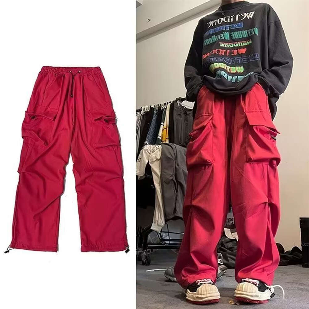 HOUZHOU Black Pants for Men Gray Cargo Trousers Male Red Spring Cotton Loose Casual Streetwear Hip Hop Pocket M522 39