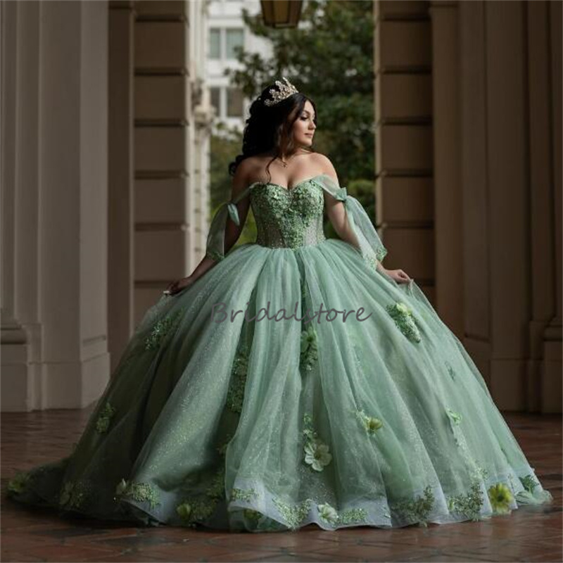 Sage Green Charro Quinceanera Dresses 2024 Off Shoulder 3D Flowers Vestio De 15 Anos Xv Quinceanera Masquerade Sixteen Birthday Party Dress Vestido De