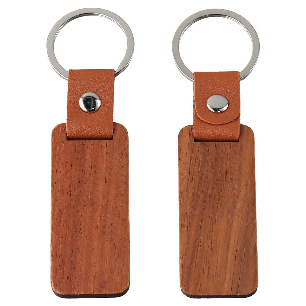 10 Pcs Rectangle Leather Keychain Unfinished Wood Keychain Blanks Wooden Walnut with Keyring for DIY Engraving Gift