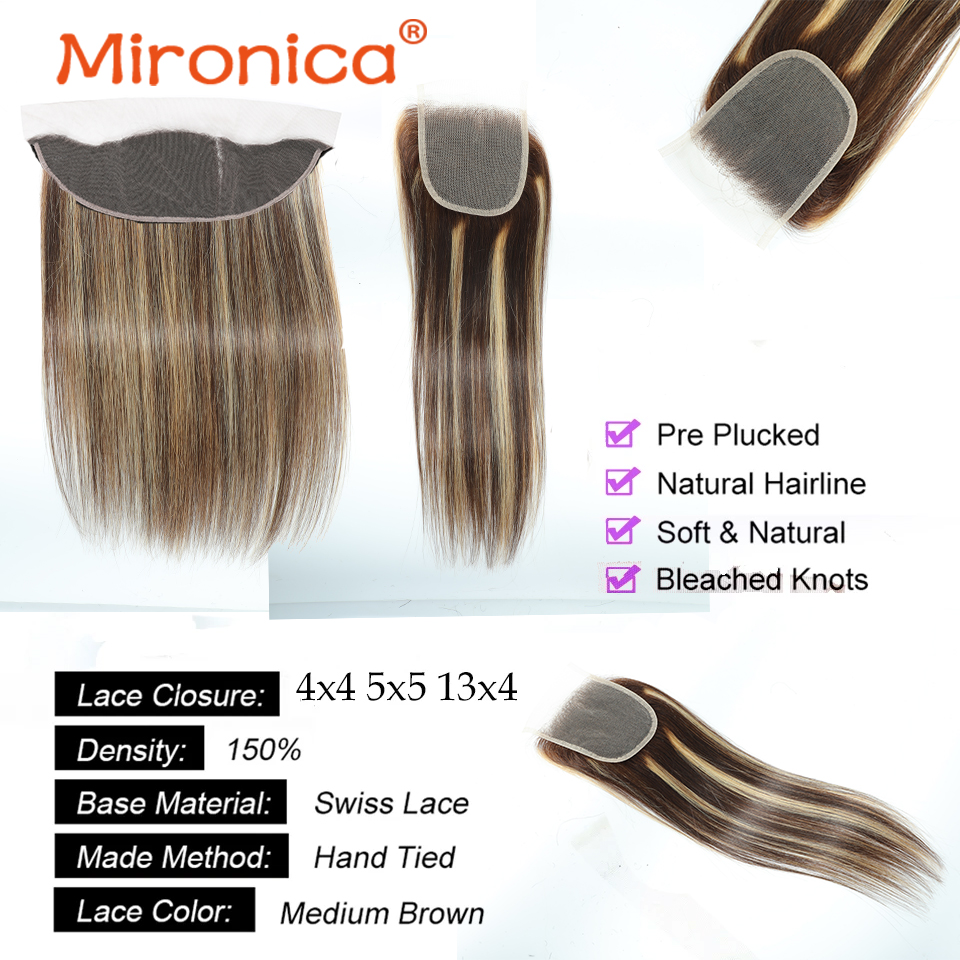 Bone Straight P4/27 Highlight Human Hair 1/3/4 Bundles With Closure Brazilian Lace Frontal Human Hair Weave Remy Extensions 100G