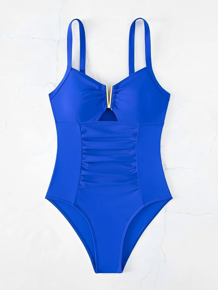 2023 Cut Out Ruched Front Swimsuit Swimwear Women Sexy Bathers Bathing Swimming Swim Suit Female Beachwear XXL 240522
