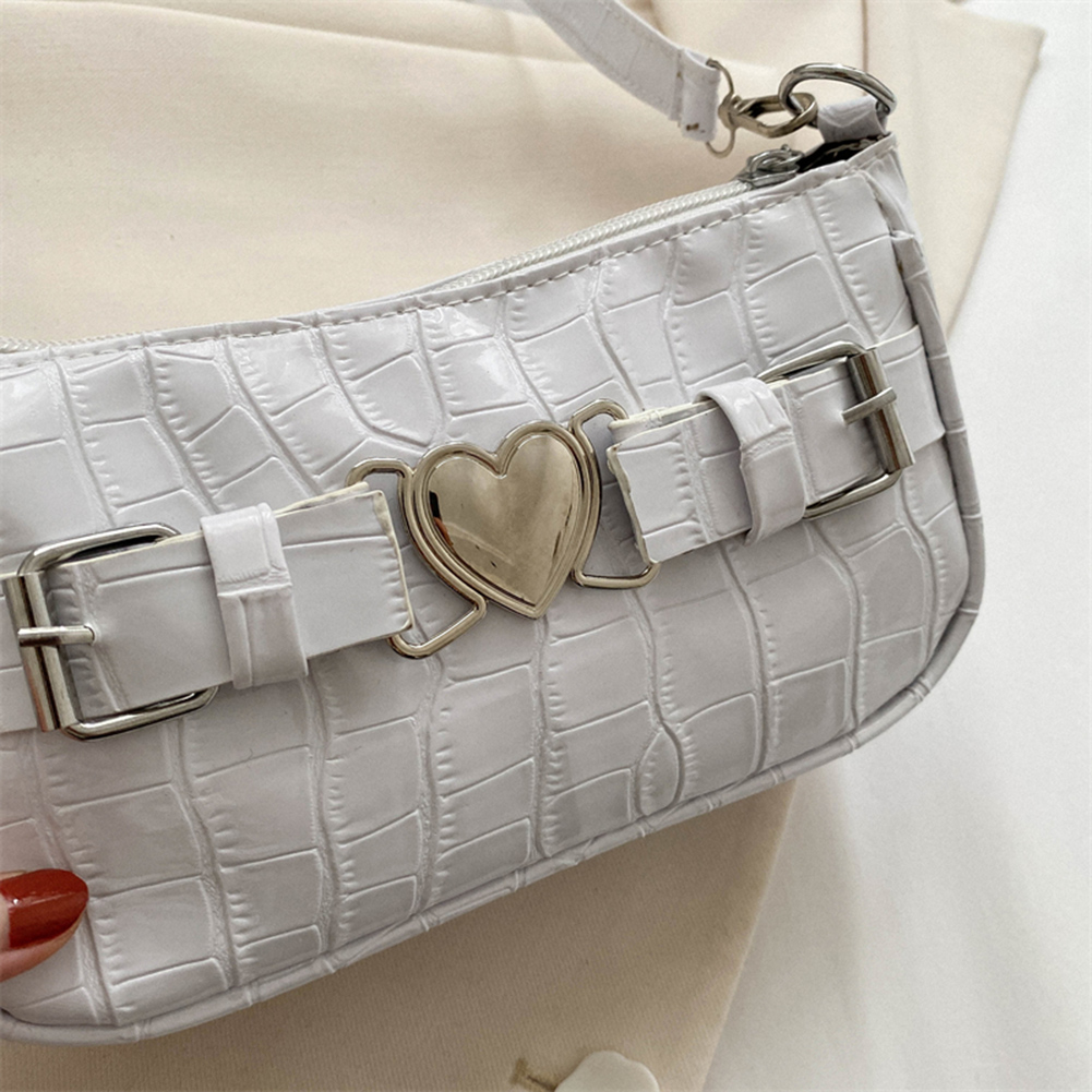 Women Y2K Peach Heart Butt Leather Handbags Girl Alligator Pattern Underarm Handbags Heart Pin Buckle Fashion Girls Shoulder Bag