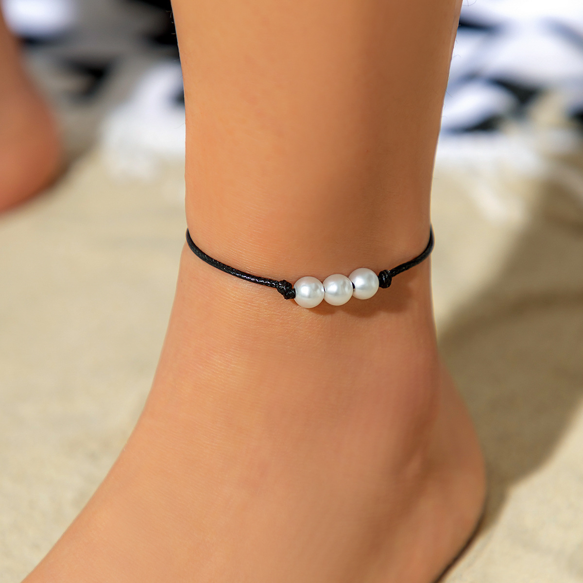 Boho Anklet Foot Black Rope Chain Summer Bracelet Pearl Pendant Charm Anklet Sandals Barefoot Beach Foot Bridal Jewelry J031