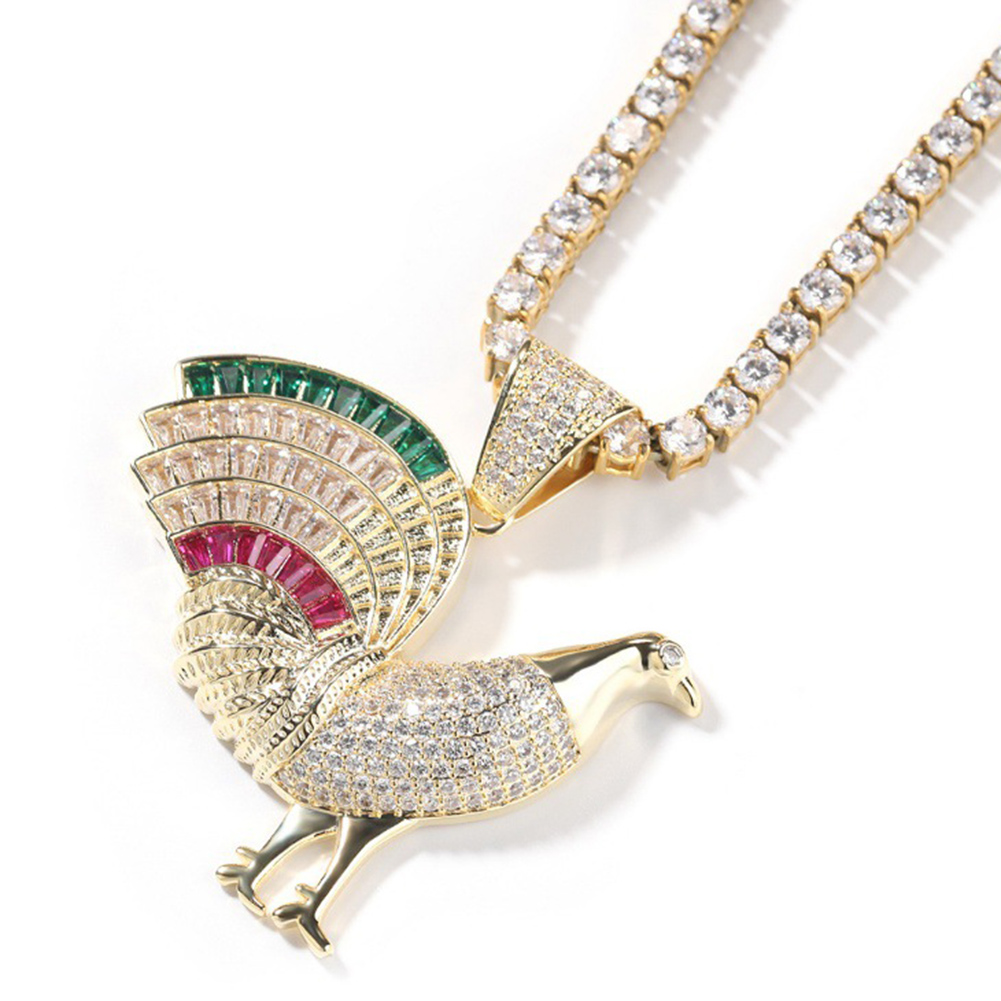 Hip Hop Rooster Cock Pendant Necklace 5A T Zircon Real Gold Plated Mens Jewelry