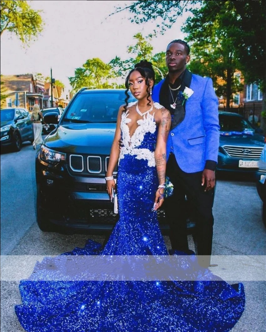 Royal Shiny Diamonds Blue Prom Dress Crystals Rhinestones Beads Sequins Gown Birthday Party Gowns For Black Girl 2024 s