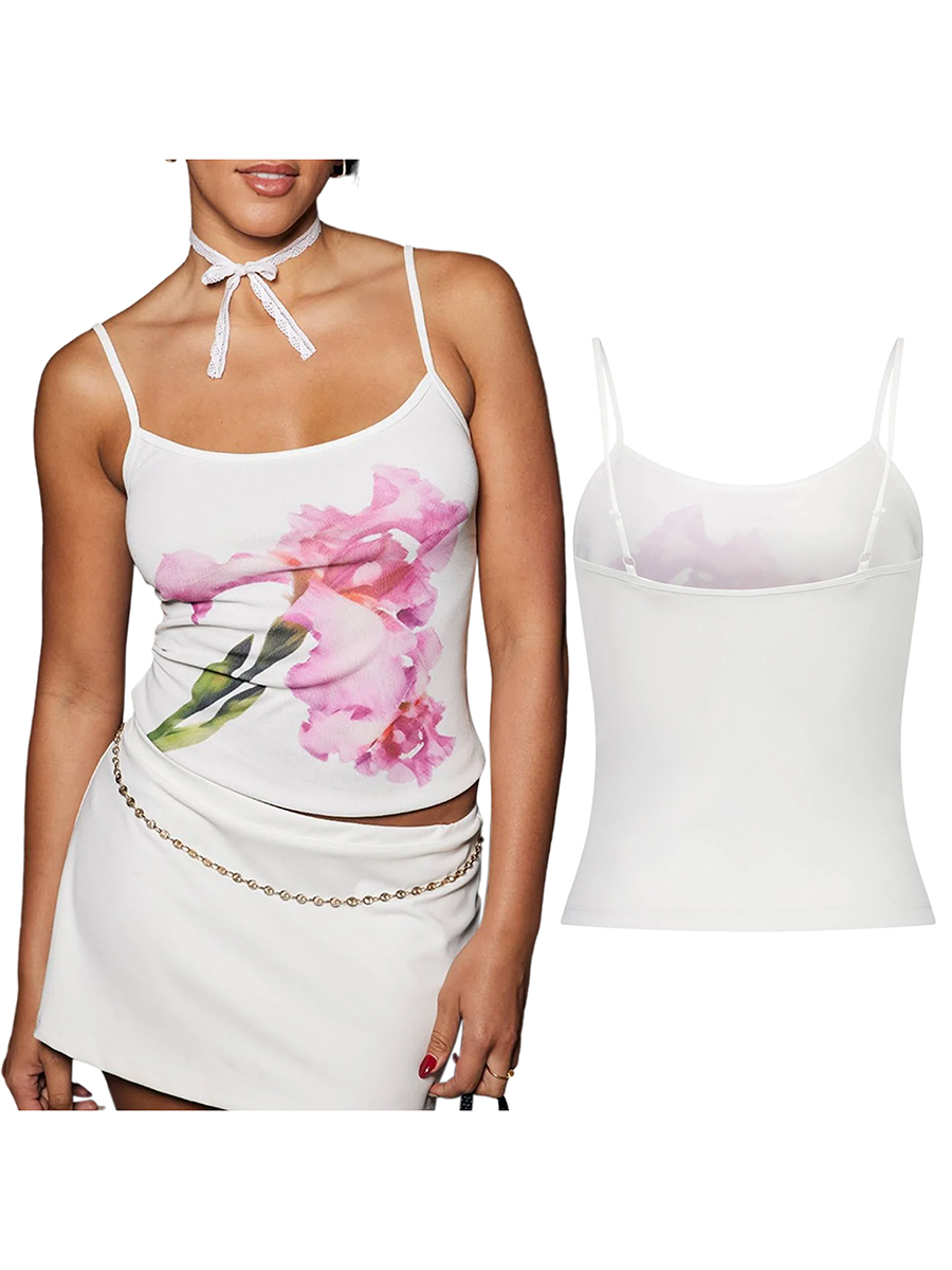 Hot Going Out Tank Top for Women Sexy Lace Cami Crop Top Flower Print Slim See Through Sheer Mesh Camisole 2000s Clothes y2k Top