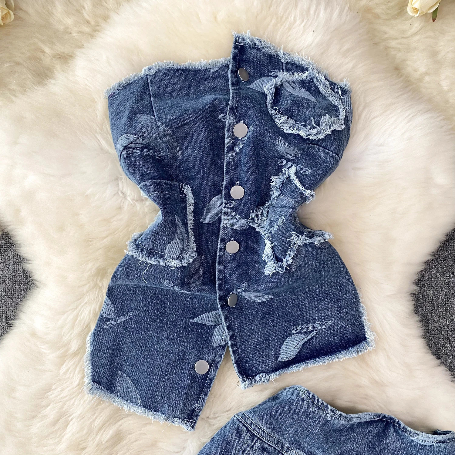 Women Printed Denim Skirts Suits Cowboy Sets Female French Irregular Chest TopsHigh Waist Thin Pleated Skirt Suit 240522