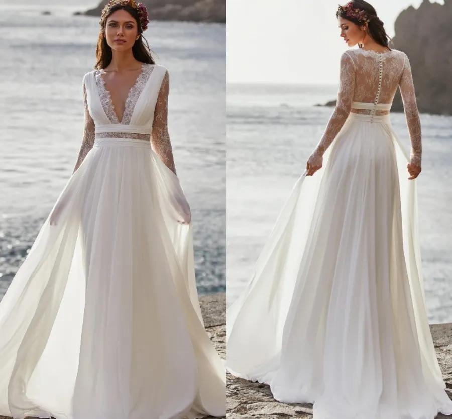 Bohemian Wedding Dress 2024 Long Sleeve V-Neck Floor Length Chiffon A-Line Lace Back Bridal Gowns With Belt Charming