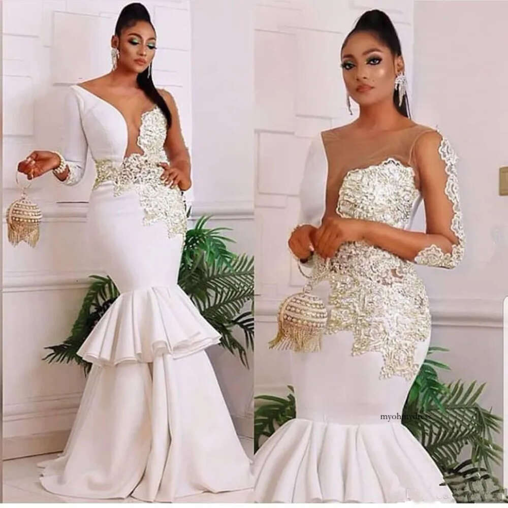 African Nigerian Mermaid Dresses Sheer Neck Gold Applique Long Sleeves Bridal Party Gowns Wedding Abendkleider 0522
