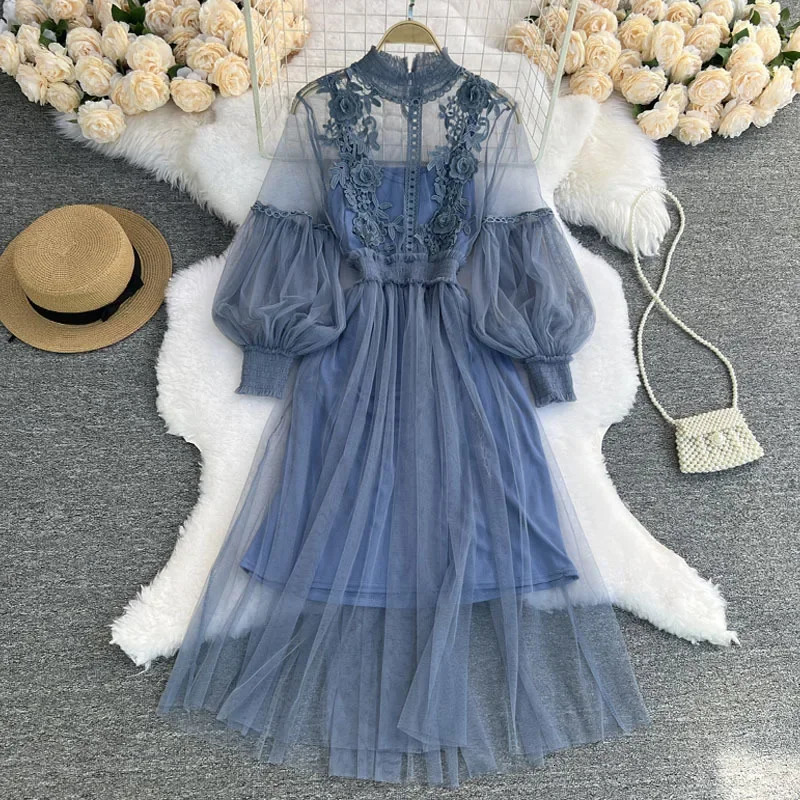 Dress Women French Lace Flower Dress Gauze Lantern Sleeve Voile Long Dress Female Retro Hook Princess Dress 2 Piece Set 240518