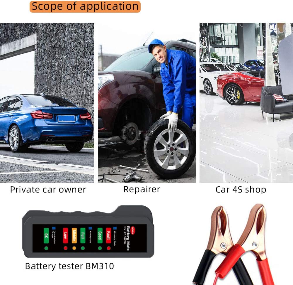 ANCEL BM310 12V Car Battery Tester Analyzer Motorcycle Tester Fault Detector with LED Lights Display Alternator Tester