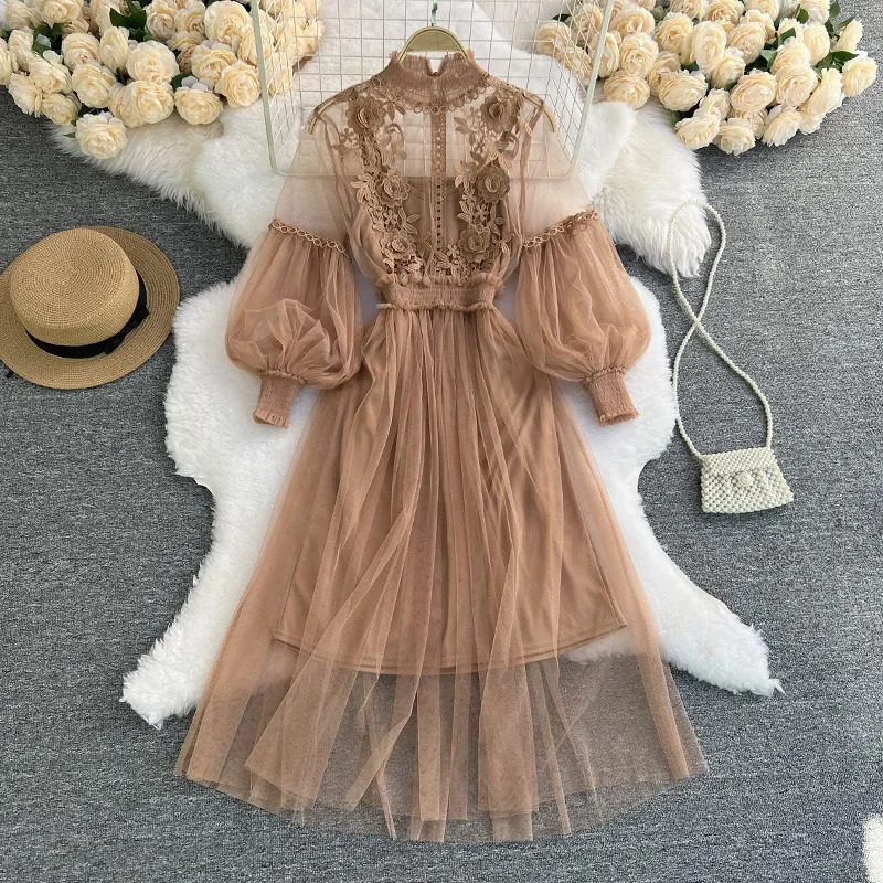 Dress Women French Lace Flower Dress Gauze Lantern Sleeve Voile Long Dress Female Retro Hook Princess Dress 2 Piece Set 240518