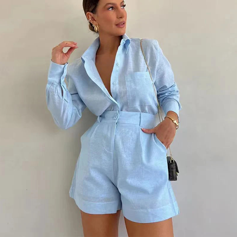 Aoaiiys White Short Sets Women Shirts Long Sleeve Linen Loose Blouse High Waist Shorts Suit Summer 2 Piece Womens Outfits 240518
