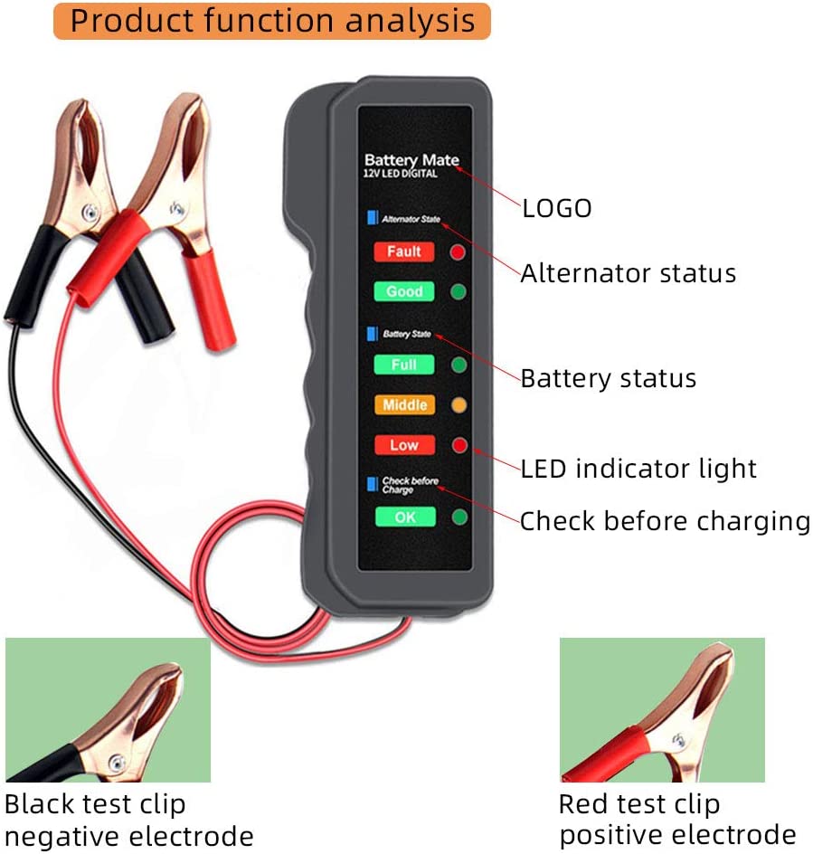 ANCEL BM310 12V Car Battery Tester Analyzer Motorcycle Tester Fault Detector with LED Lights Display Alternator Tester