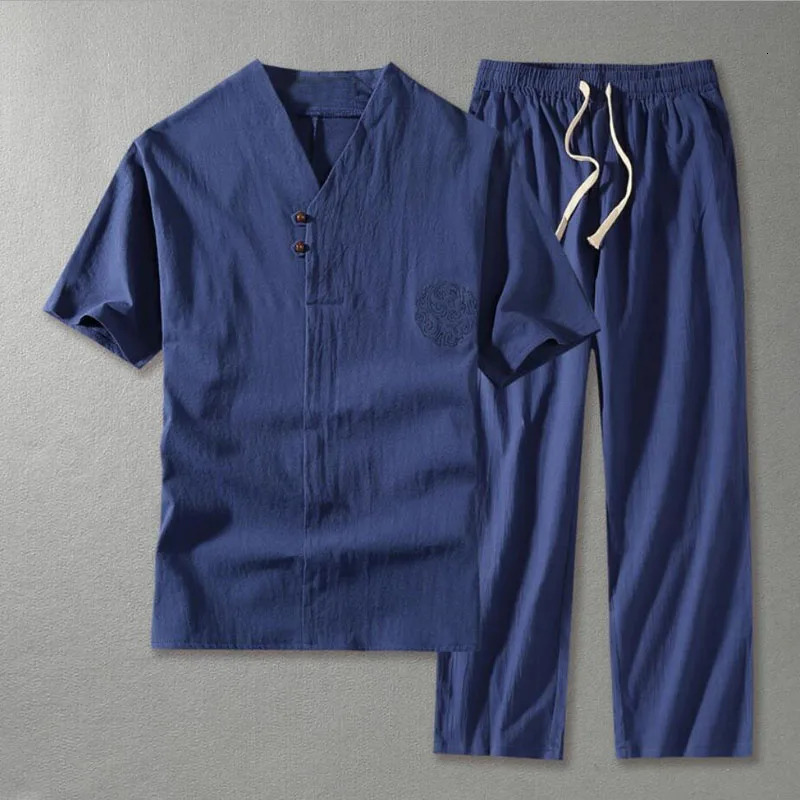 Mens Clothing Large Size Home Husband Summer Suit Linen tshirt Fashion Male Set Chinese Style 8XL 9XL plus Two Pieces 240518