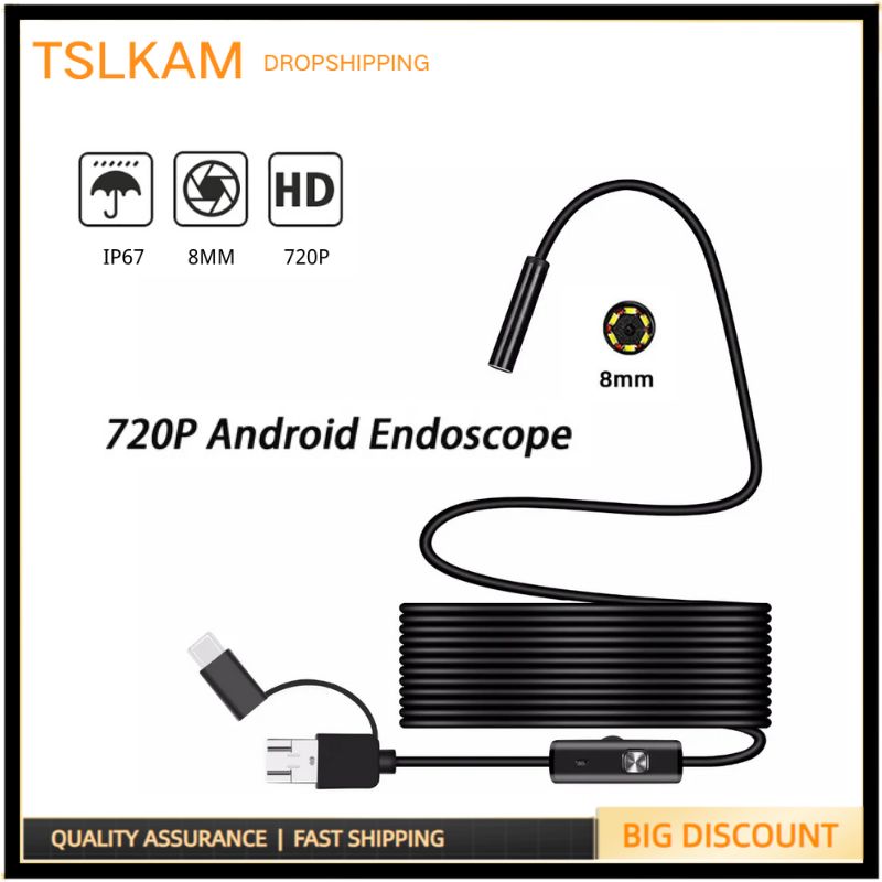 720P 8mm Industrial Endoscope Camera 3IN1 for Android/Type-C/PC USB IP67 Waterproof Lens Rigid Cable Borescope Inspection