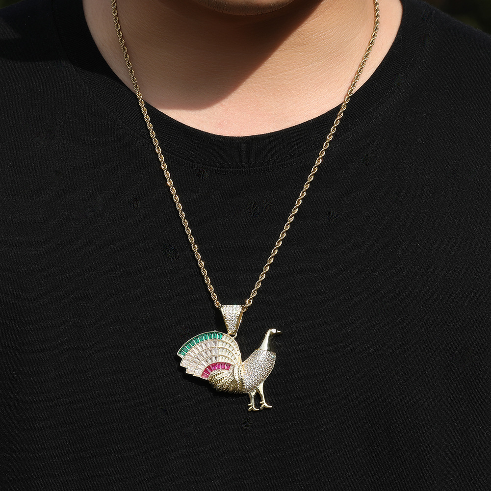Hip Hop Rooster Cock Pendant Necklace 5A T Zircon Real Gold Plated Mens Jewelry