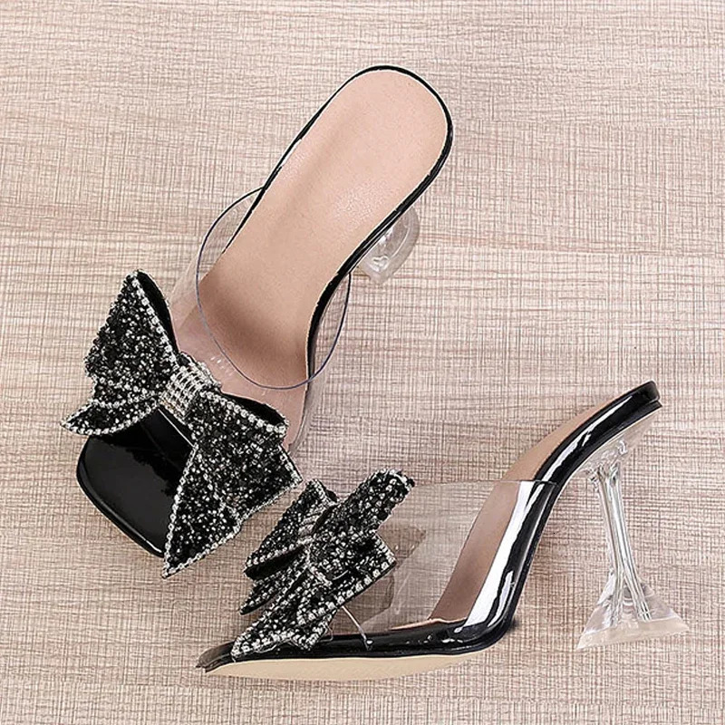 New 2024 Fashion Sier Crystal Bow Knot Shoes Womens Transparent Mule Slide Summer High Heel Sandals 240517