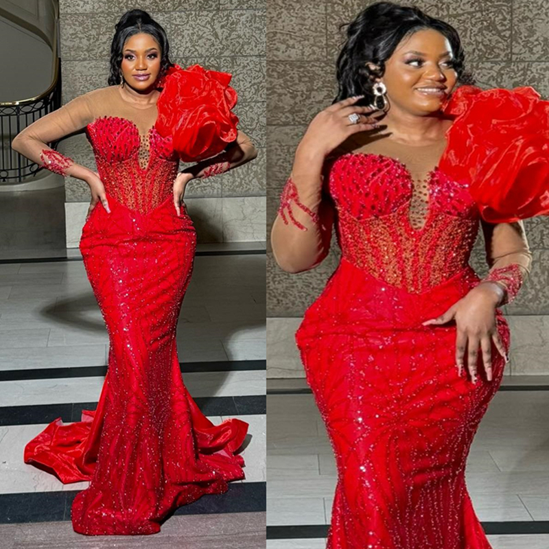 2024 Plus Size Aso Ebi Prom Dresses for Special Occasions Red Mermaid Illusion Long Sleeves Promdress Beaded Lace Birthday Dress Second Reception Gown