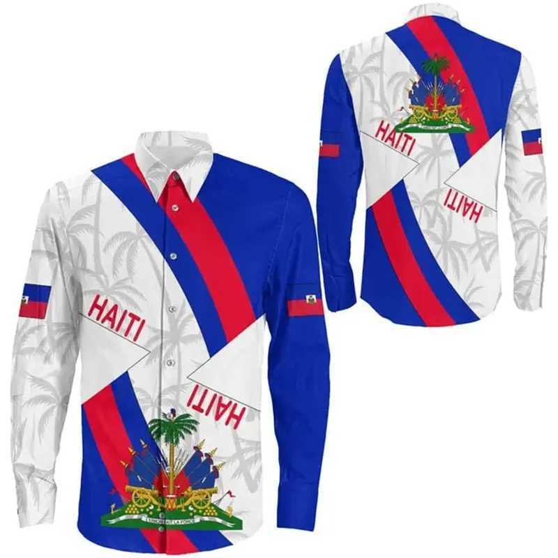 Men's Casual Shirts Mens Shirt Haiti Flag Caribbean Sea Haiti Retro Vintage Tattoo 3D Printed Strtwear Harajuku Casual Men Shirts Long Slve Top T