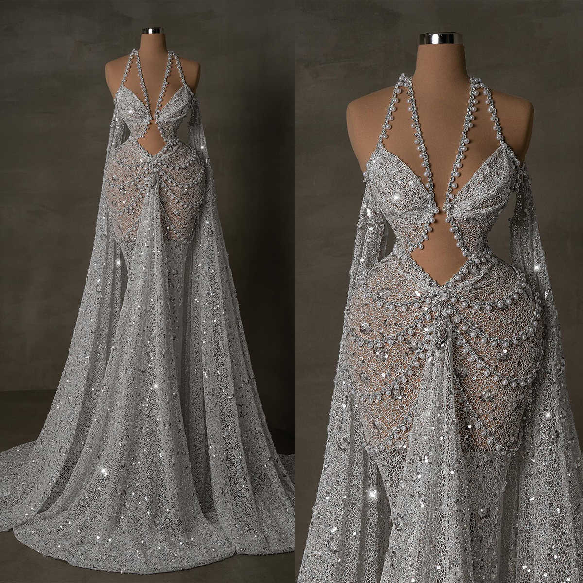 See Through Wedding Dresses Pearls Mermaid Bridal Gowns Rhie Sequins Sweep Train Custom Made Bride Dress Vestidos De Novia