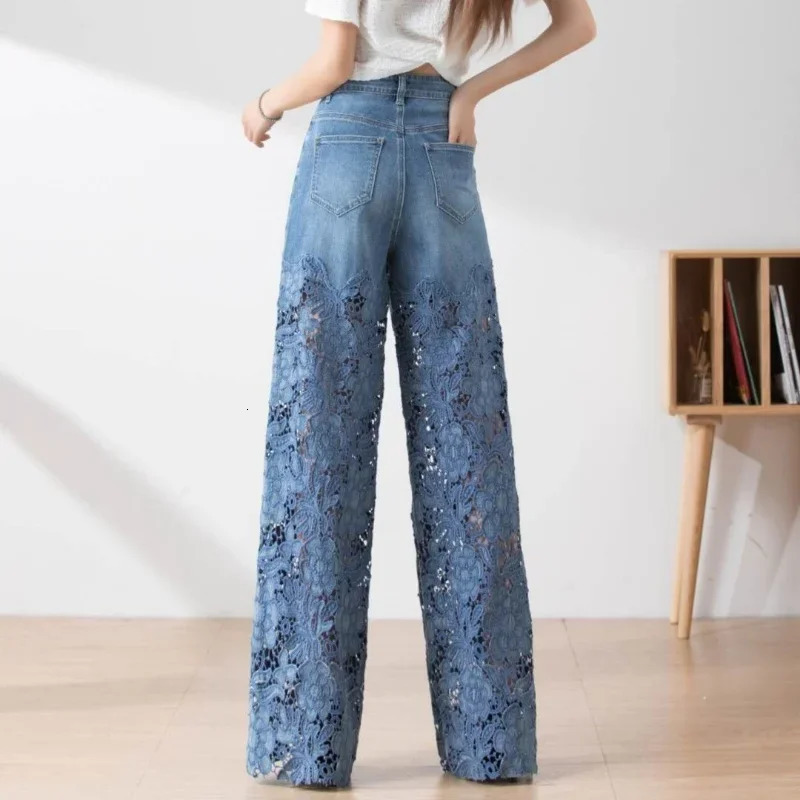 Fashion Elegant Jeans for Women High Waist Lace Patchwork Pantalones Hollow Out Oversized Spring Casual Loose All Match Pants 240514