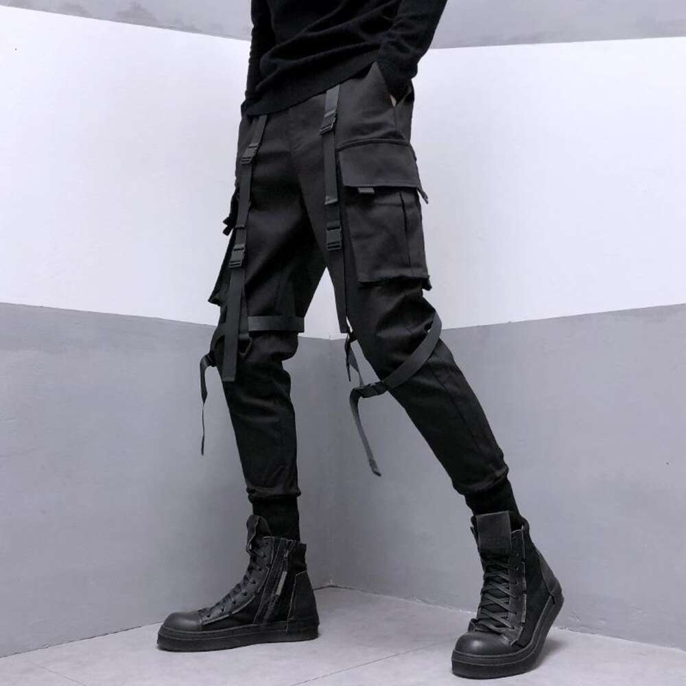 HOUZHOU Techwear Black Pants for Men Cargo Trousers Male Japanese Streetwear Hip Hop Spring Ribbon Pocket Haruku Fashion M522 32