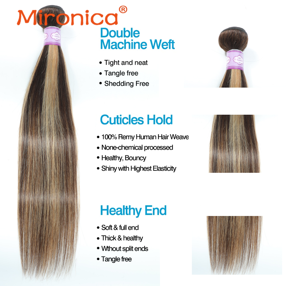 Bone Straight P4/27 Highlight Human Hair 1/3/4 Bundles With Closure Brazilian Lace Frontal Human Hair Weave Remy Extensions 100G