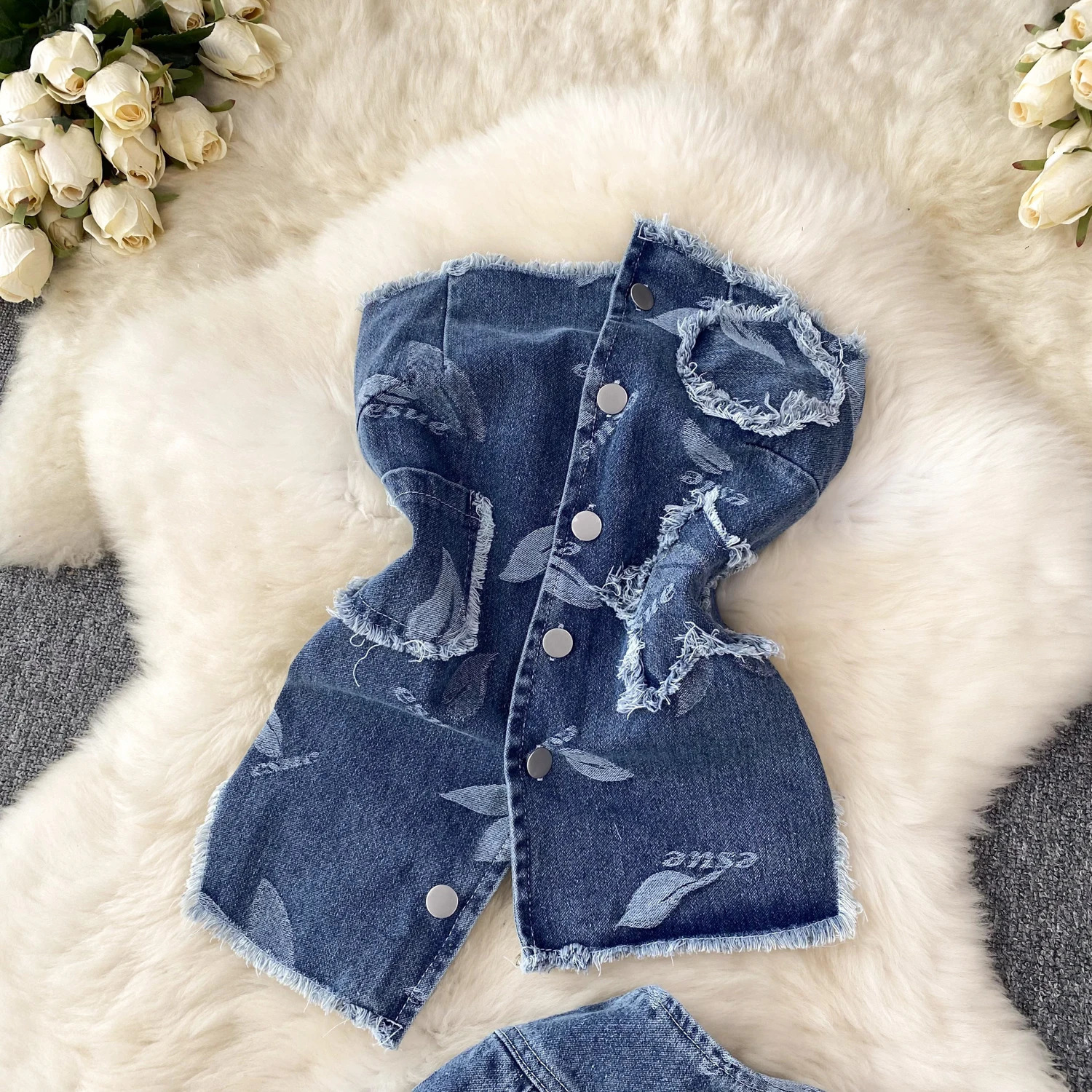 Women Printed Denim Skirts Suits Cowboy Sets Female French Irregular Chest TopsHigh Waist Thin Pleated Skirt Suit 240522