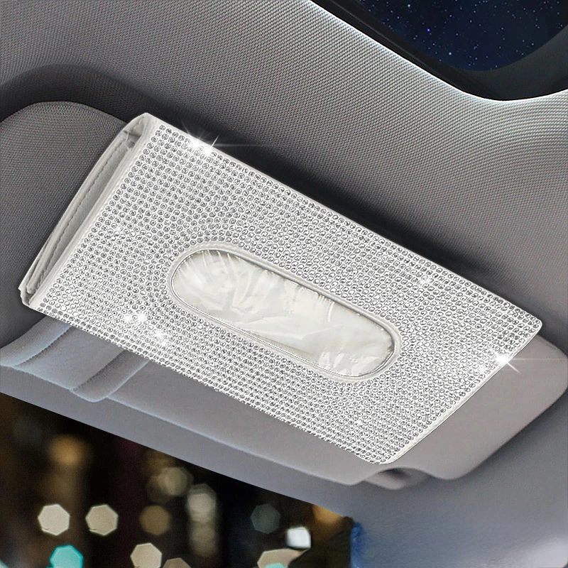 Bling Car Sun Visor Tissue Box Holder Rhinestone Leather Crystal Sparkling Napkin Holder Car Accessories for Women