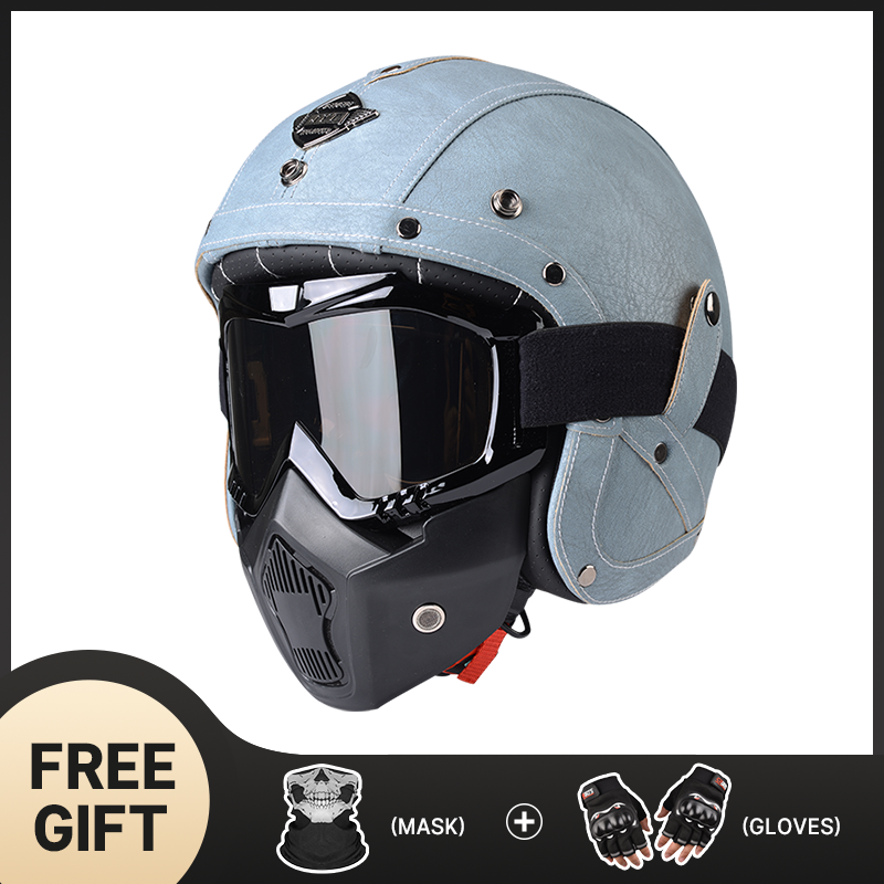 PU Leather Retro Vintage Motorbike 3/4 Open Face Casco Moto Helmet Motorcycle Helmets With Goggle Mask For Adult