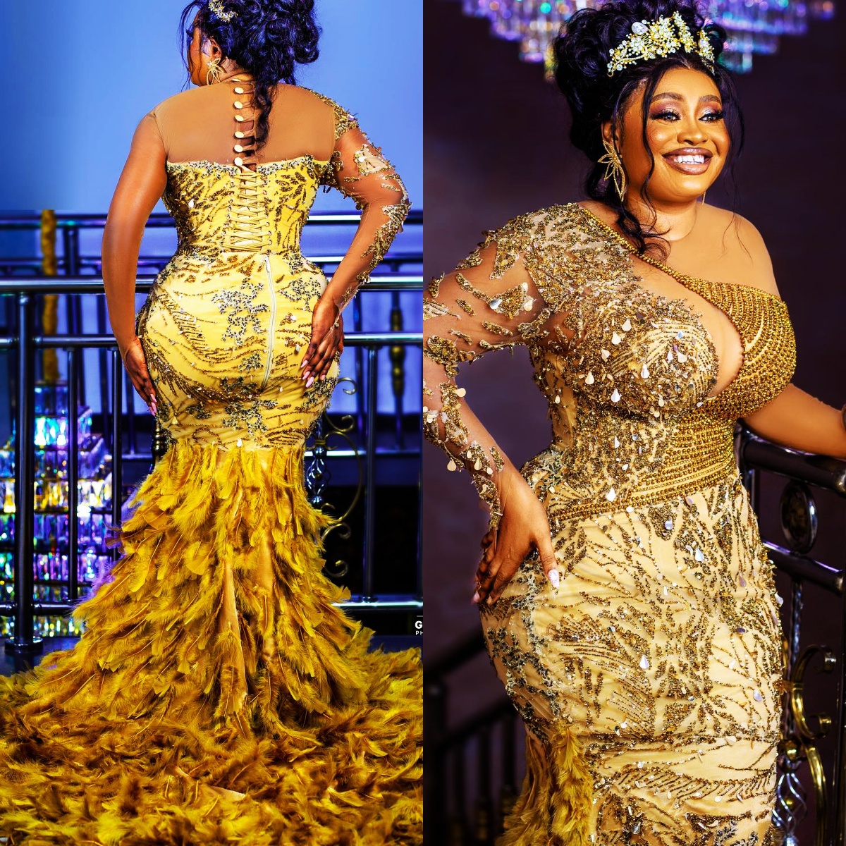 2025 urious Plus Size Aso Ebi Prom Dresses for Special Ocns Gold Feathered Beaded Lace Rhies Decorated Birthday Dress Second Reception Gowns
